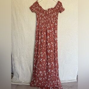 Pink Rose Brown Smocked Maxi Dress